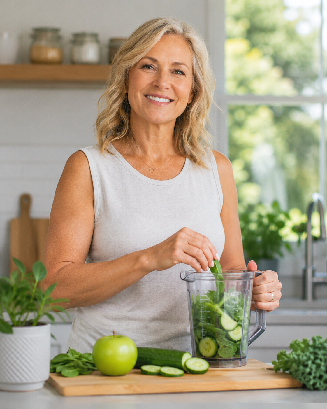 Mature woman feeling energized and balanced outdoors